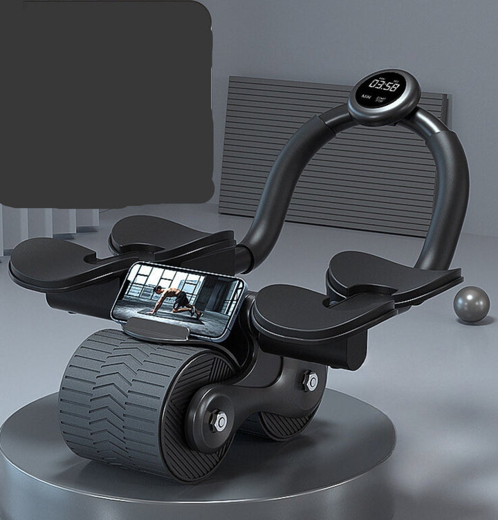 Portable core workout ab roller, unisex design with workout timer for home fitness goals.