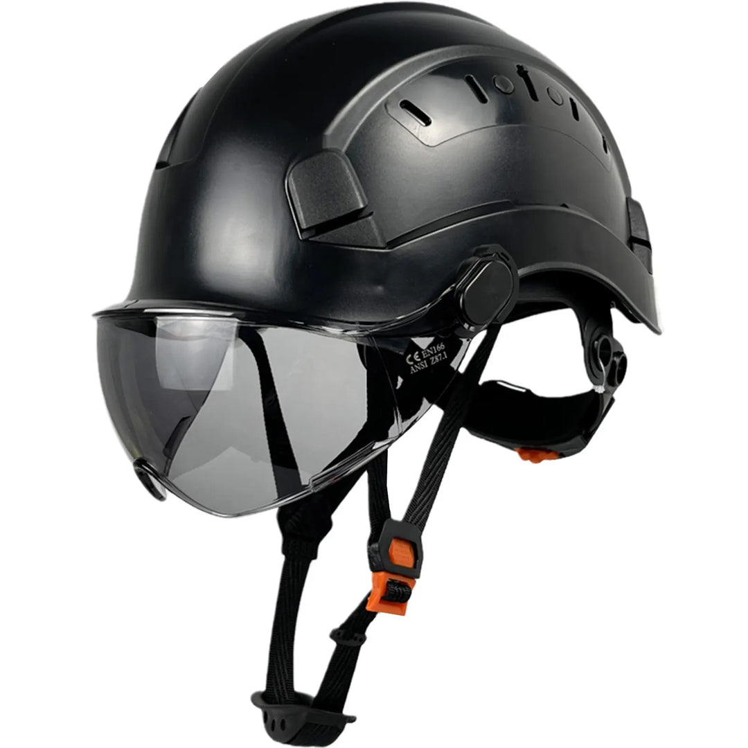 Unisex ABS safety helmet with integrated goggles & visor for industrial and construction work.