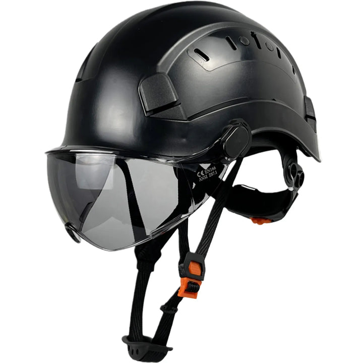 Unisex ABS safety helmet with integrated goggles & visor for industrial and construction work.