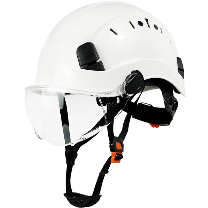 Durable ABS construction helmet with integrated clear goggles & visor, ensuring superior safety and visibility.