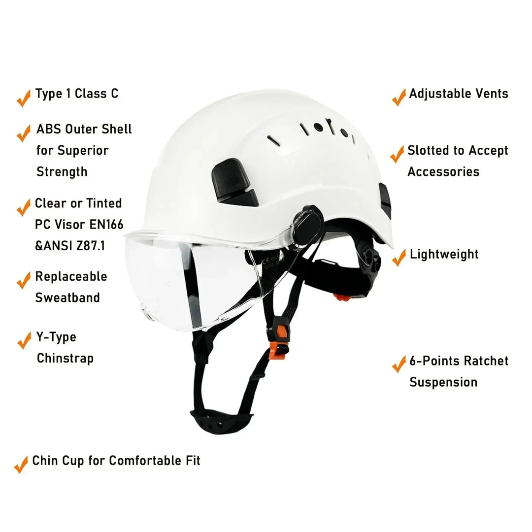 ANSI certified ABS safety helmet with integrated clear goggles & flip-up visor for professional workwear.