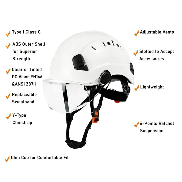 ANSI certified ABS safety helmet with integrated clear goggles & flip-up visor for professional workwear.