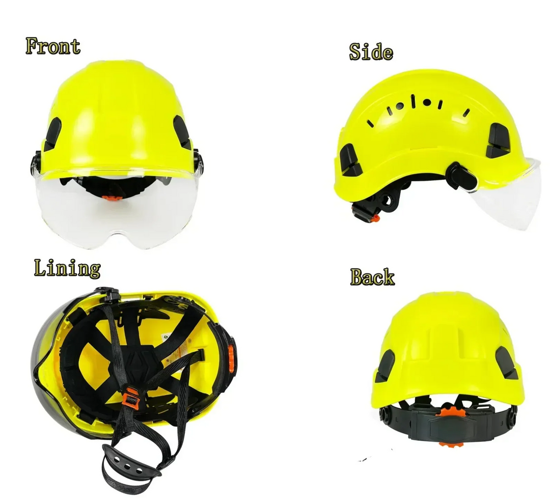 Protective gear: Durable hard hat for construction & industrial safety, includes eye protection & face shield.