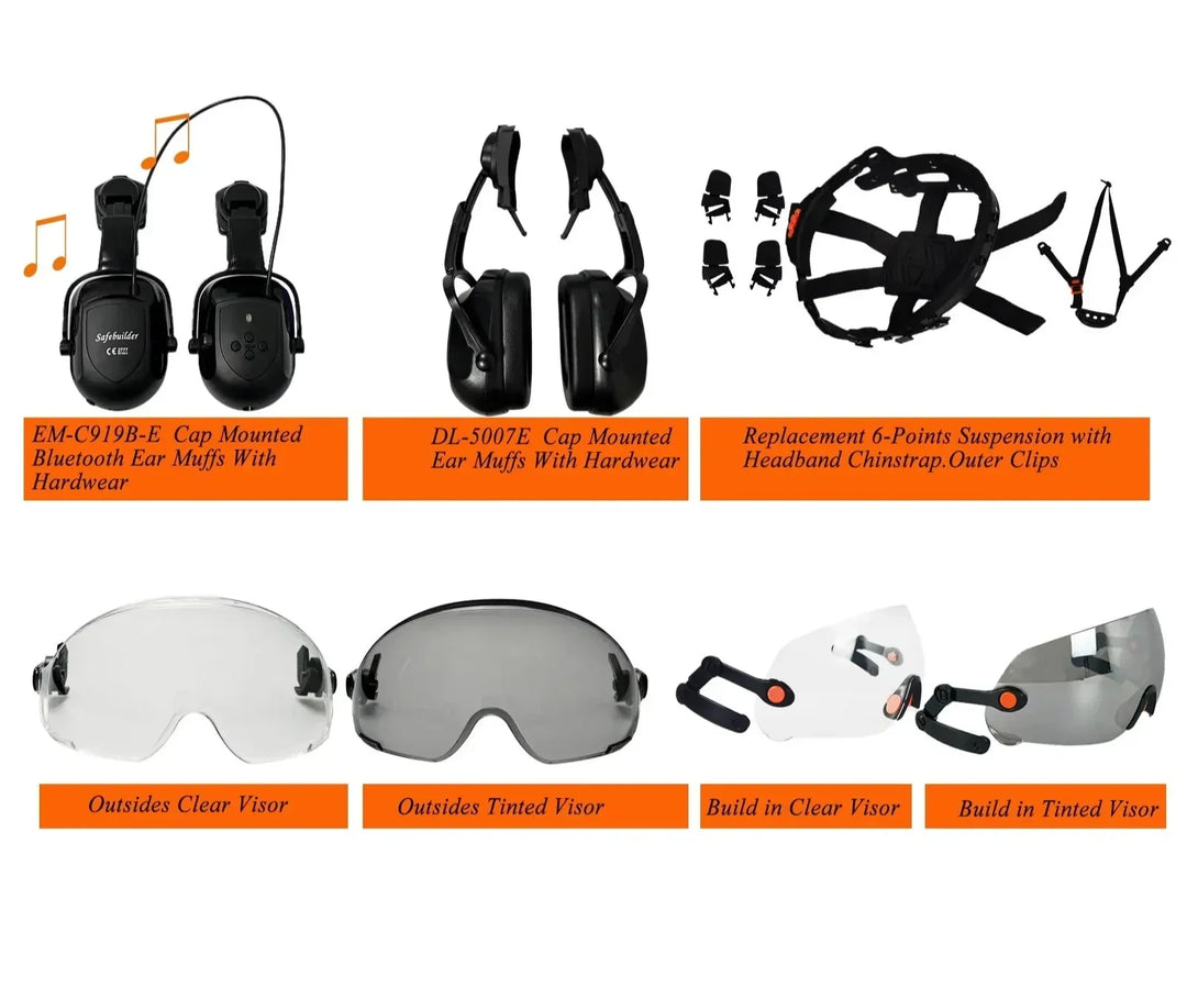 Lightweight ABS hard hat with built-in goggles & visor, offering full head, eye, and face protection.