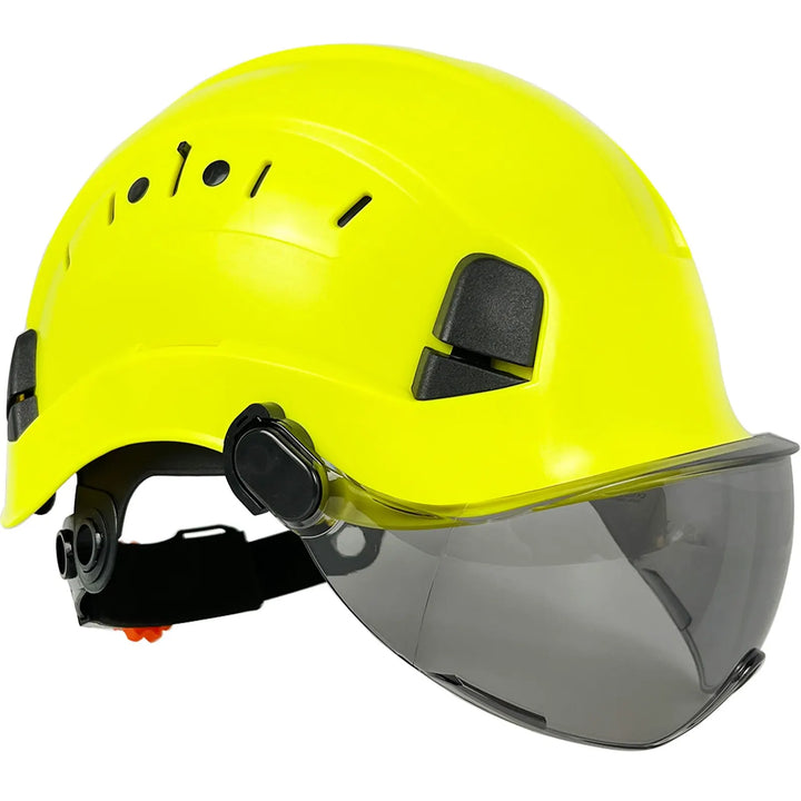 Professional safety helmet with integrated face shield & goggles, essential ANSI certified workwear.