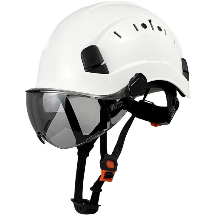 Front view of a unisex ABS safety helmet with deployed integrated goggles & visor for full protection.