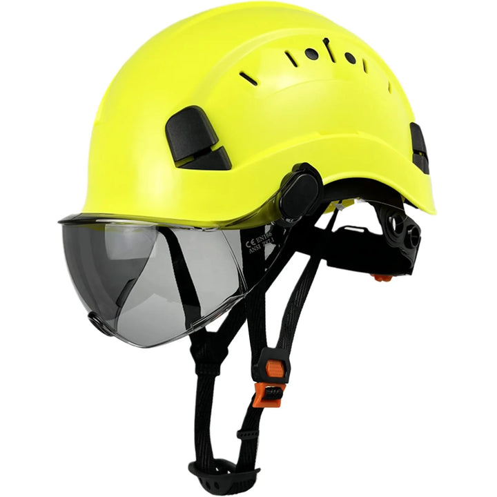 Maximize industrial safety with this ANSI certified hard hat, featuring integrated eye protection & clear face shield.