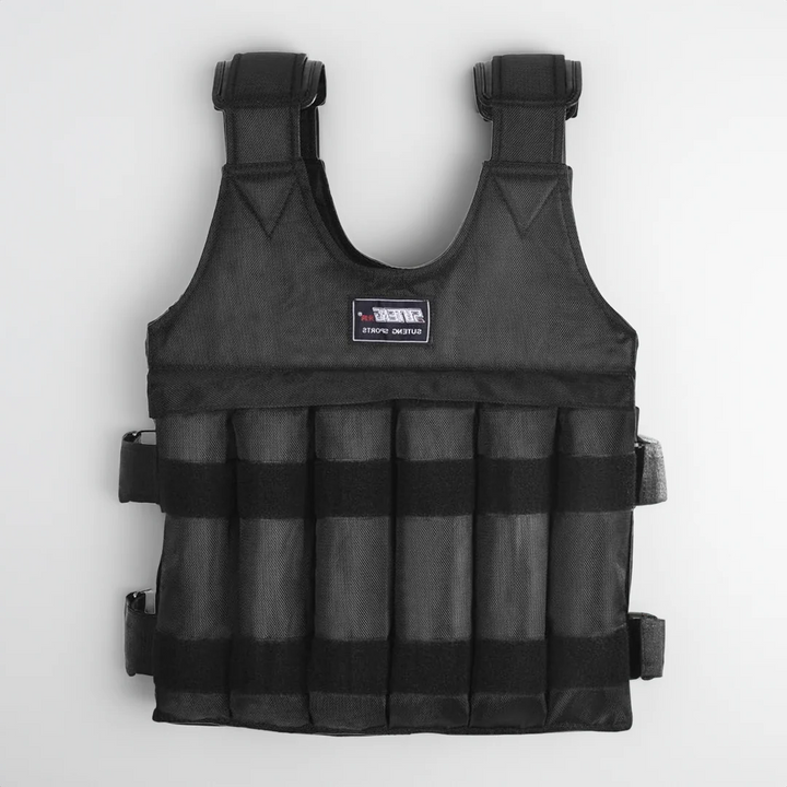 Athlete wearing a unisex 110 lb adjustable weighted vest for challenging strength and endurance training.