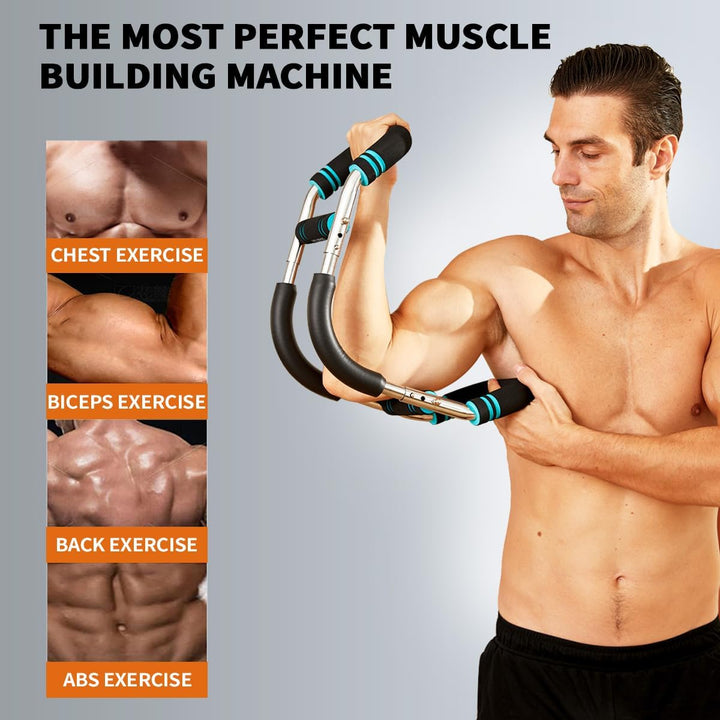 Person using a black adjustable arm exerciser workout bar to build upper body strength & fitness.