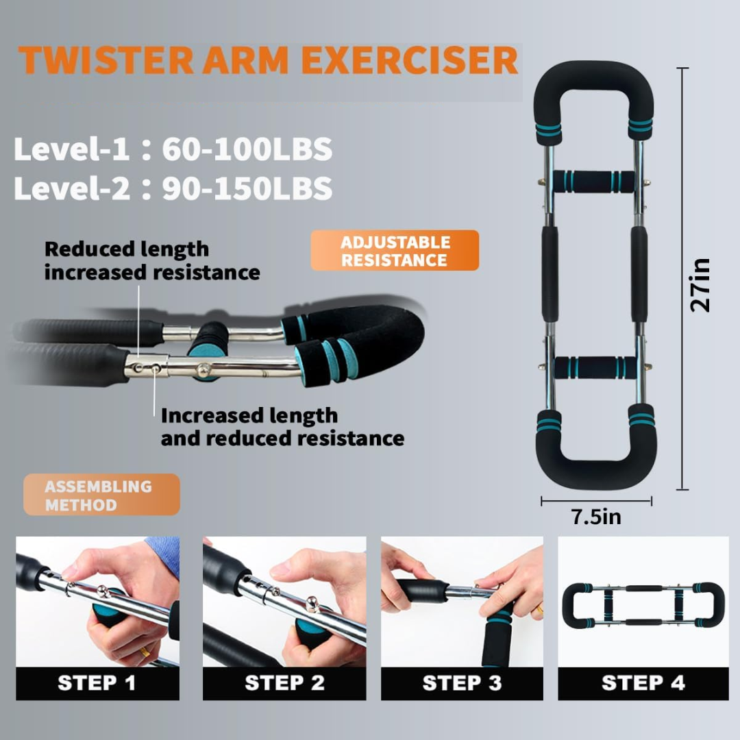 Close-up of the adjustable resistance mechanism on a sturdy strength workout bar arm exerciser.