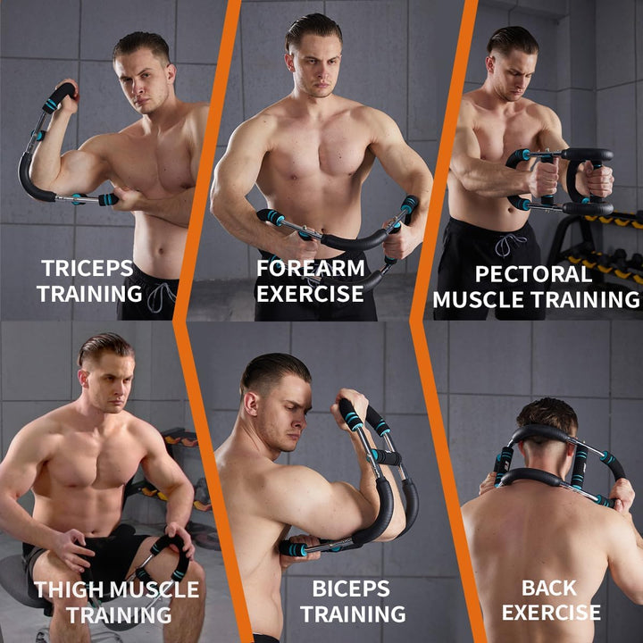 Fitness enthusiast performing chest presses with an adjustable strength training workout bar arm exerciser.