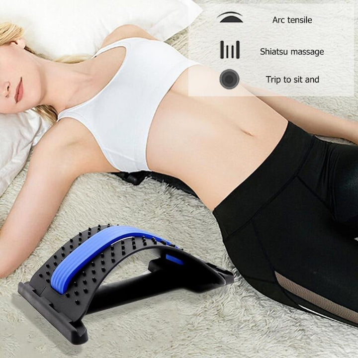 Ergonomic adjustable back stretcher providing lumbar support, posture correction & pain relief for wellness.