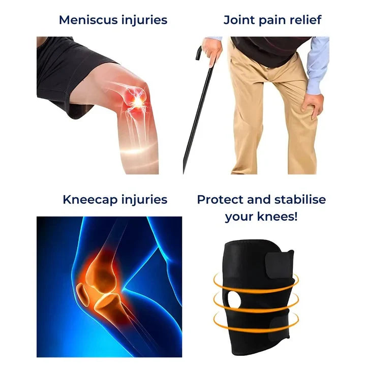Neoprene knee compression brace, adjustable for men & women, ideal for pain, recovery, and sports support.