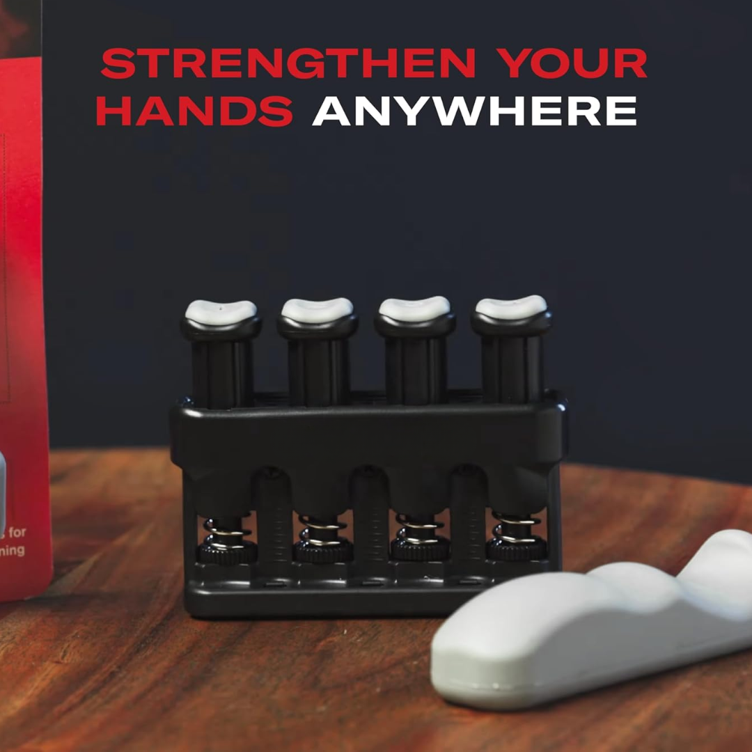 Ergonomic adjustable hand strength trainer to build grip power, finger dexterity, and forearm muscles.