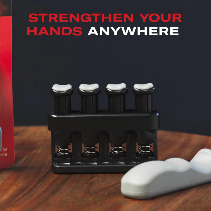 Ergonomic adjustable hand strength trainer to build grip power, finger dexterity, and forearm muscles.