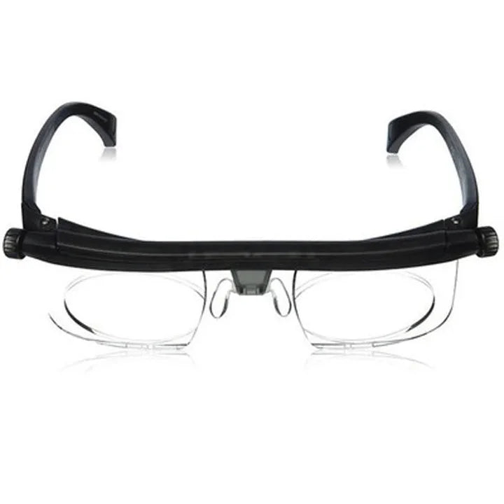 Unisex adjustable focus glasses for reading, distance, and computer use.