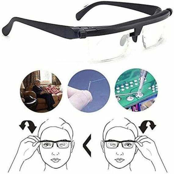 Lightweight & durable adjustable focus glasses for men & women, suitable for all vision ranges.