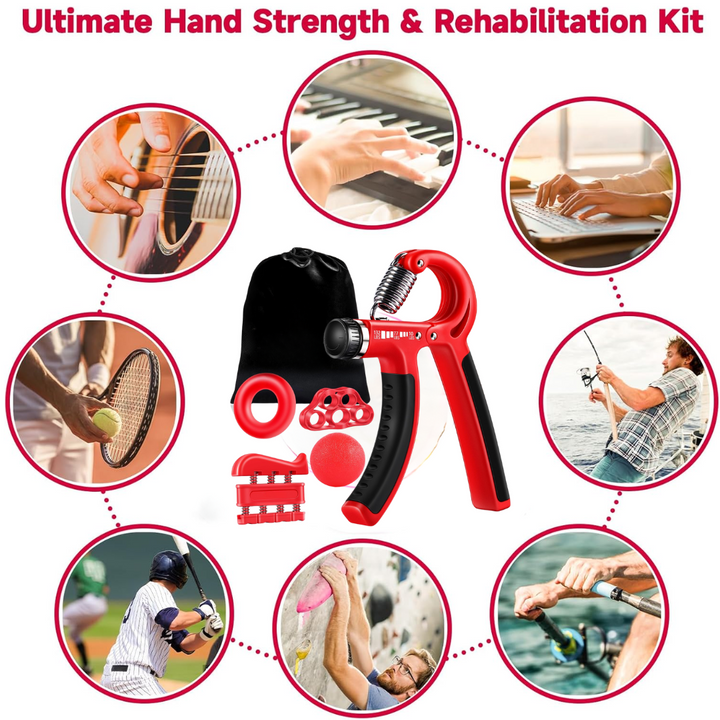 Complete 5-piece grip strengthener kit for improving hand, finger, & forearm strength.