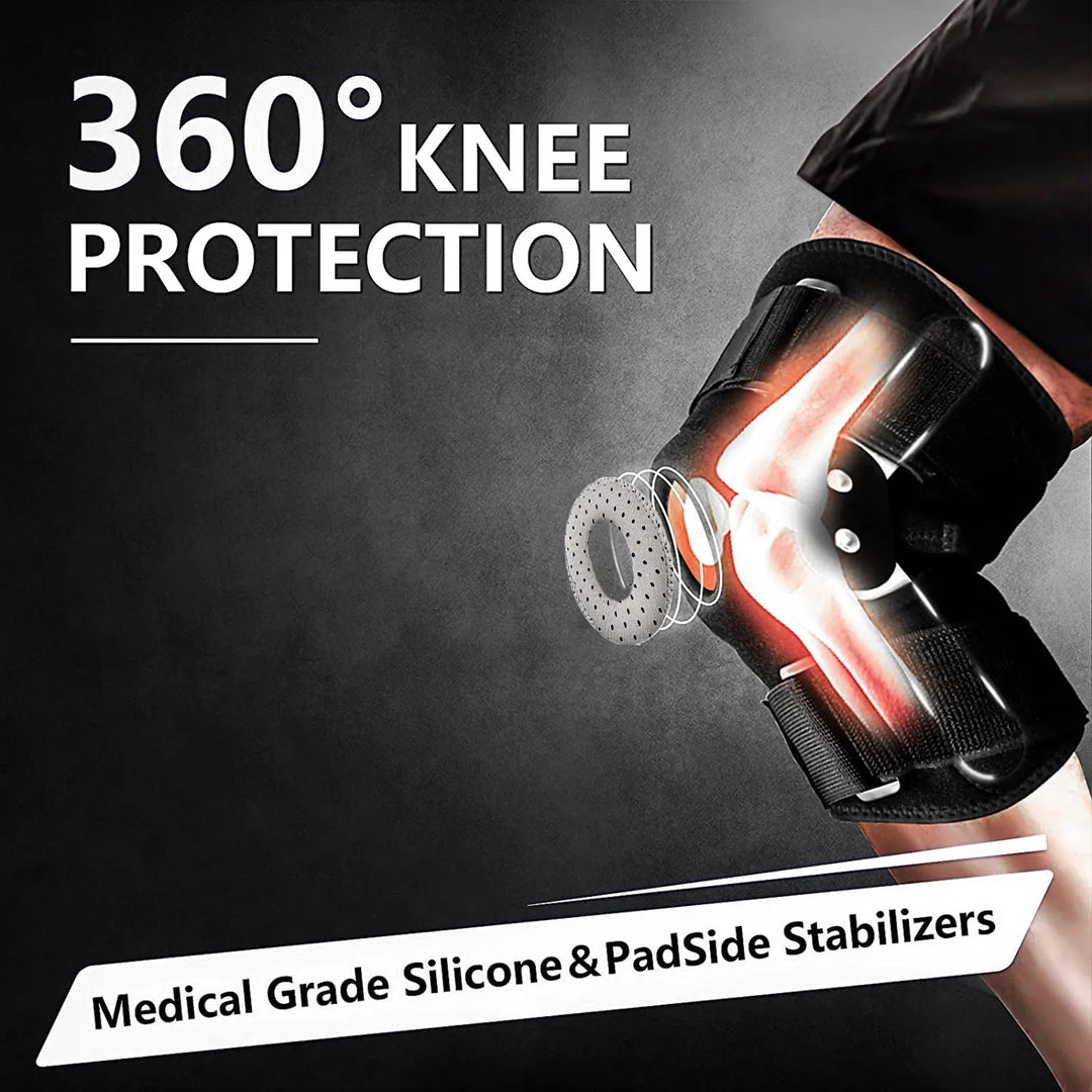 Hinged knee brace for active users, adjustable support for sports injuries, pain relief & protection.