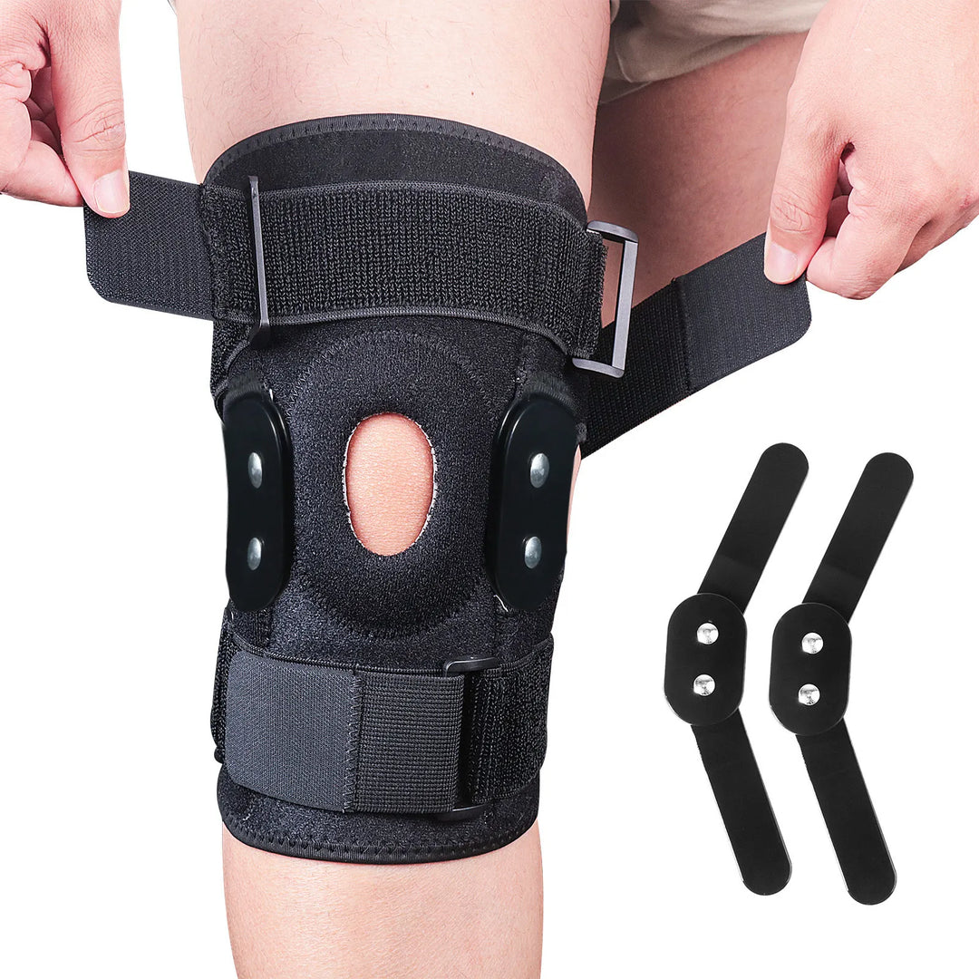 Comfortable unisex adjustable knee brace with hinged support for joint pain relief & enhanced mobility.