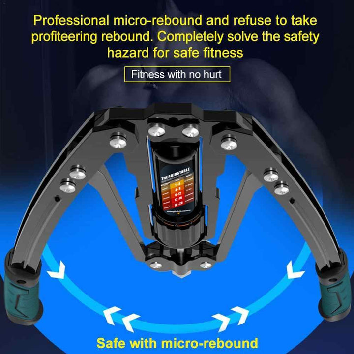 Adjustable hydraulic resistance arm exerciser for intense upper body muscle building & strength training.