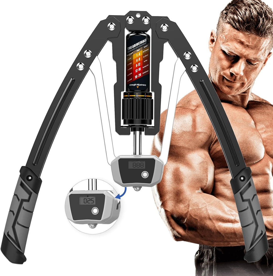 Compact hydraulic strength trainer with adjustable resistance for chest, arm, & shoulder muscle building.