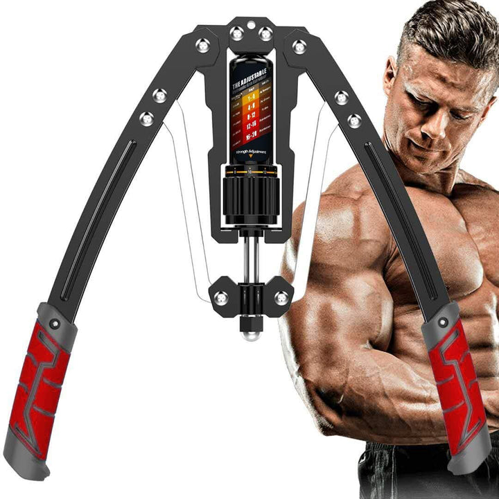 Unisex hydraulic strength exerciser for targeted arm, chest, and shoulder muscle development.