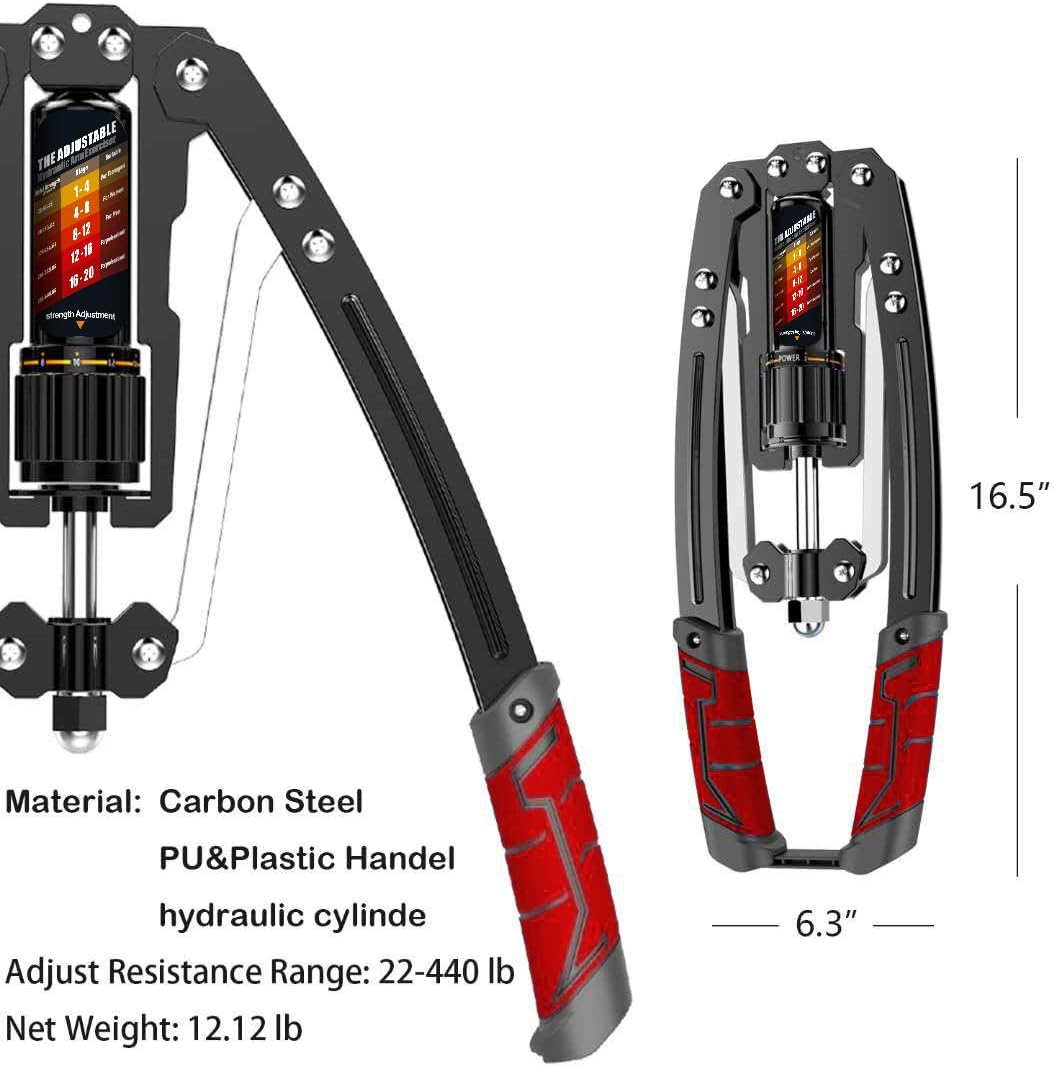 Adjustable resistance hydraulic arm trainer for effective upper body strength and muscle building.
