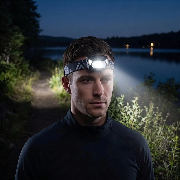 Unisex adjustable LED headlamp for outdoor adventures, camping, and hiking. Bright hands-free lighting for night vision.