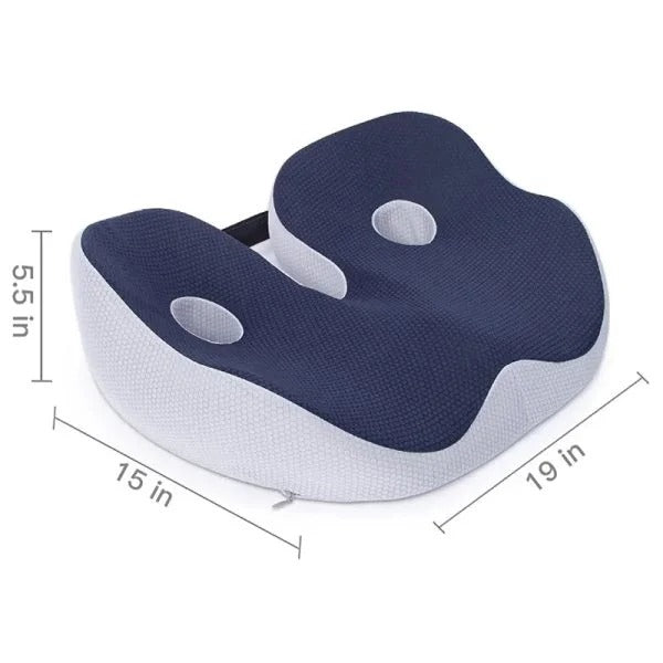 Unisex seat cushion with adjustable strap, memory foam for pressure relief & back support.