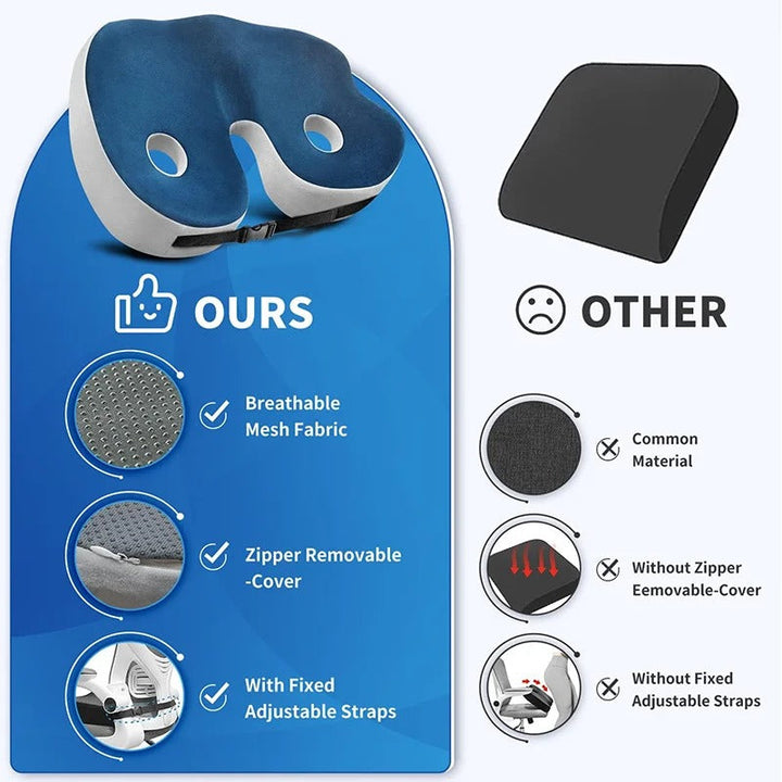 Office chair memory foam seat cushion with adjustable strap for back & tailbone support.