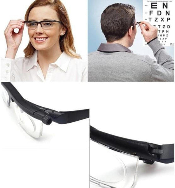 Side view of adjustable vision correction glasses, showcasing dual lens technology for clarity.