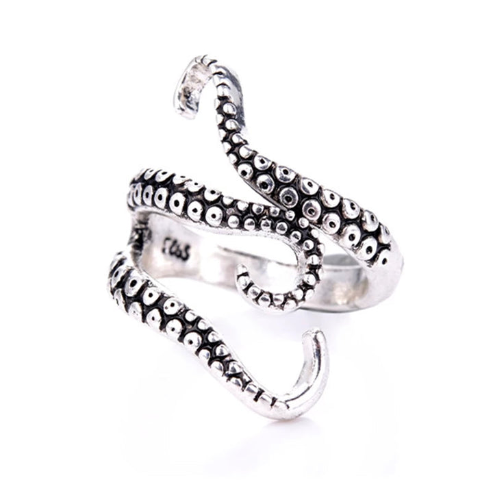 Detailed silver tentacle ring, adjustable and unisex. Features a unique marine life design, inspired by the ocean nautilus.