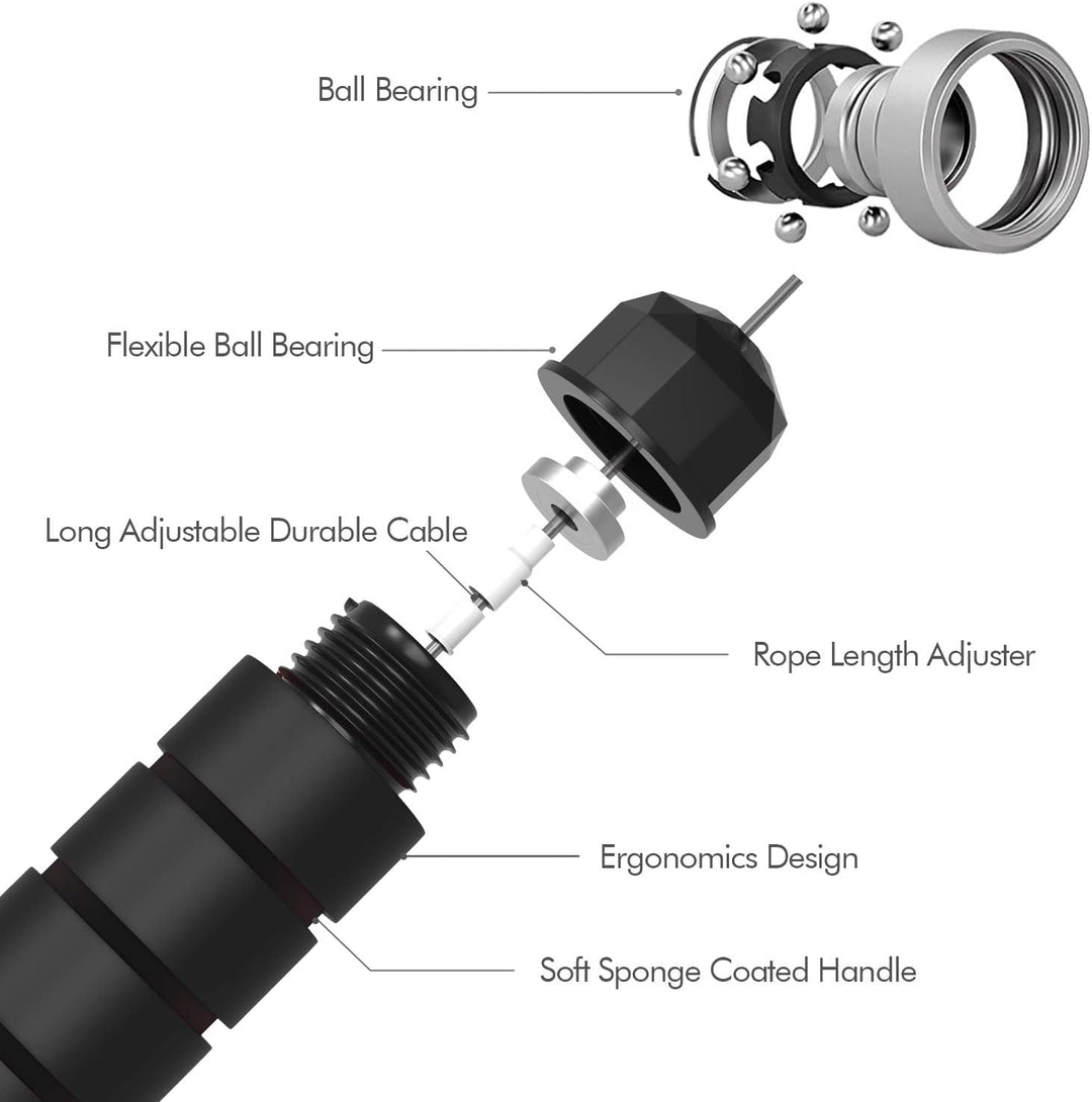 Ergonomic foam handle jump rope, adjustable and tangle-free for comfortable cardio workouts.