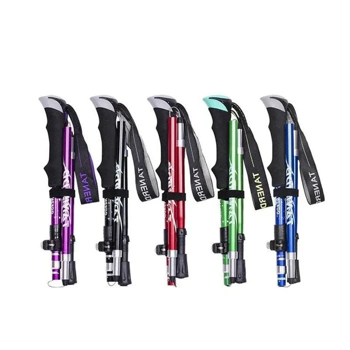 Unisex adjustable trekking poles, foldable & lightweight for hiking & outdoor adventure. Telescopic trail support.