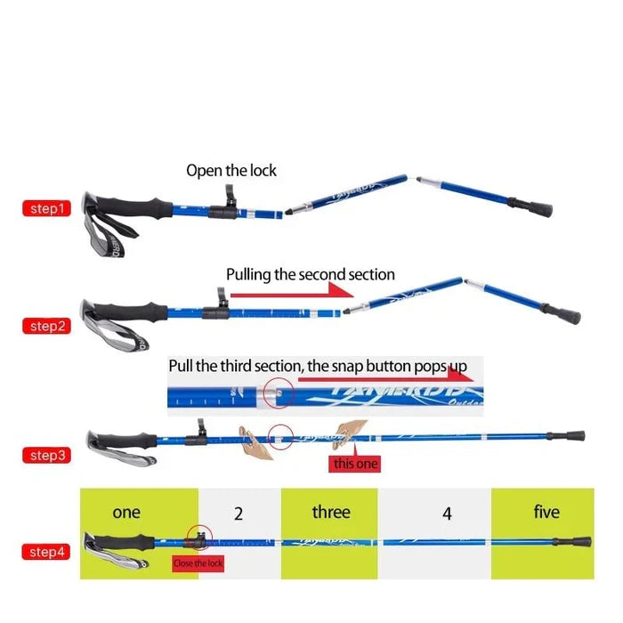 Telescopic foldable trekking poles, adjustable for comfort. Lightweight hiking & walking sticks for outdoor trail support.