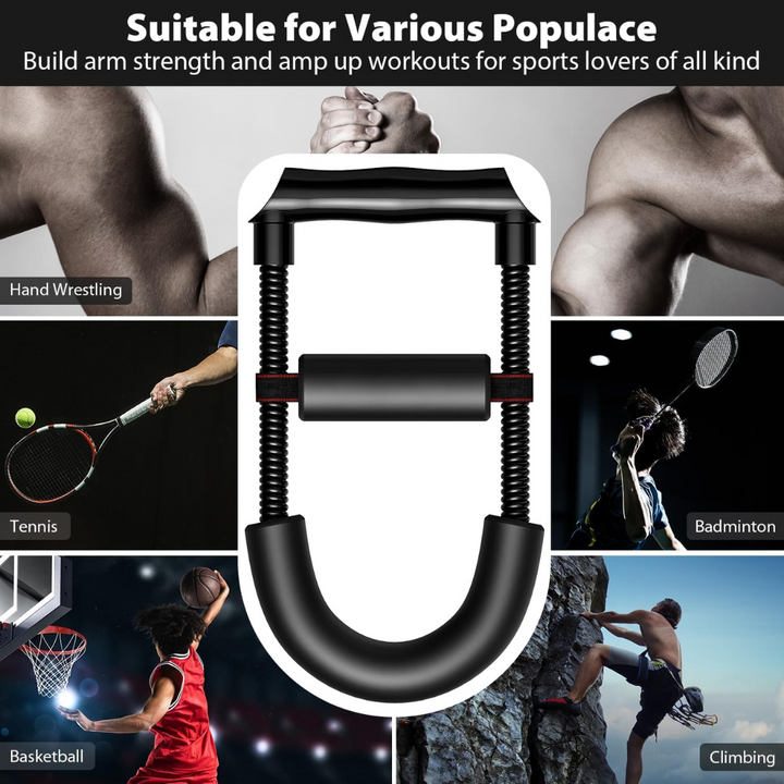 Portable adjustable forearm trainer for building muscle & improving grip strength.