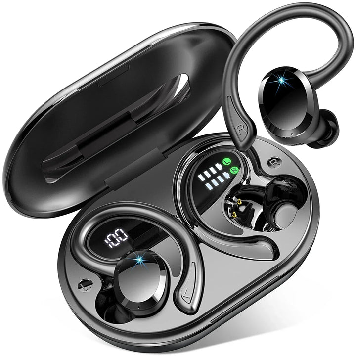 Unisex AeroTune wireless earbuds in a charging case, highlighting long battery life for portable audio.