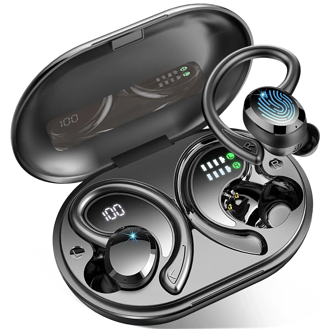 Unpacked AeroTune wireless earbuds and charging cable, showing all contents of the tech accessory package.