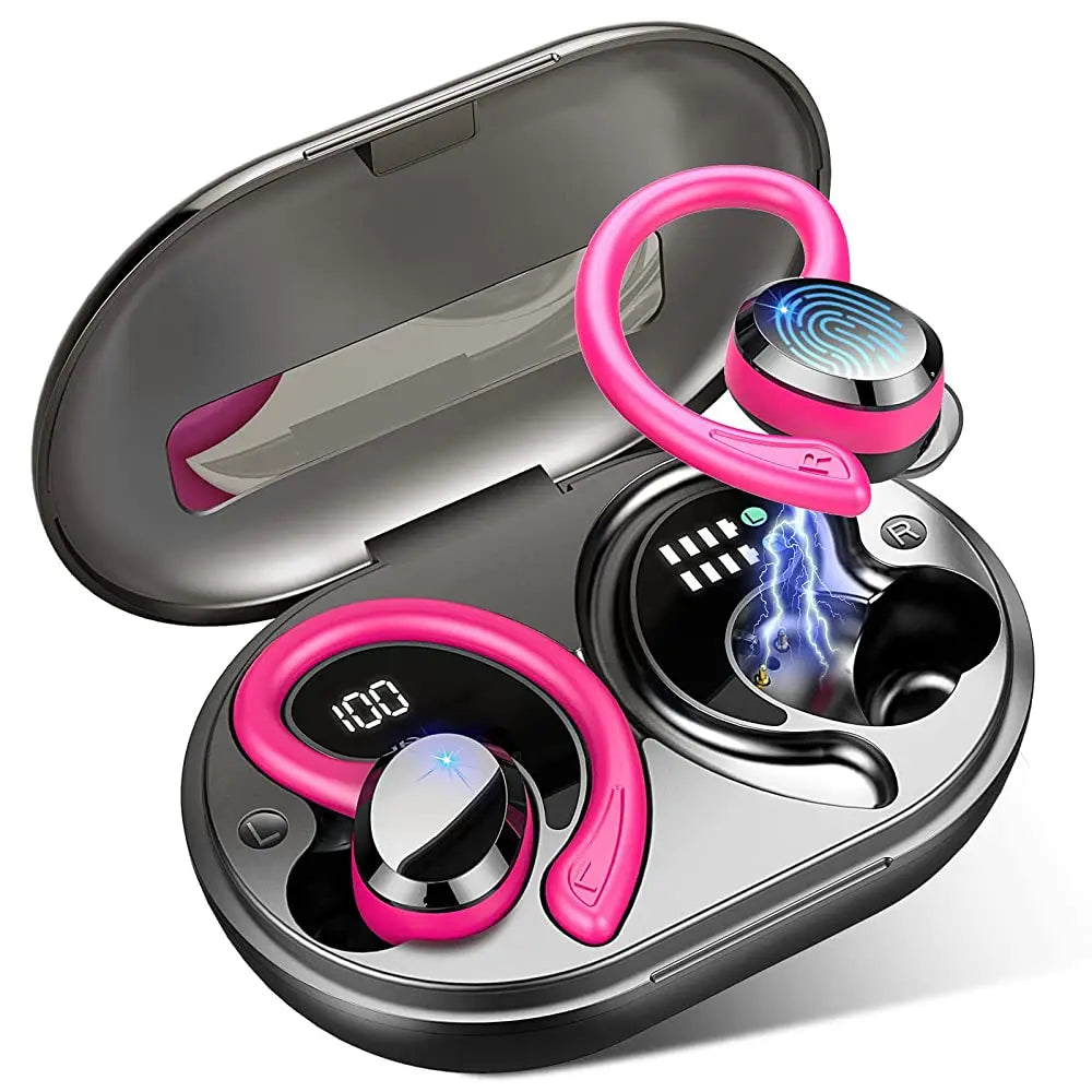 AeroTune earbuds with an open charging case, displaying the LED battery indicator for long-lasting use.
