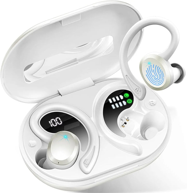 Side profile of AeroTune wireless earbuds in ear, focusing on the secure fit and unobtrusive design.