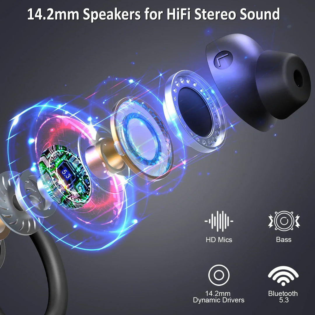 AeroTune wireless earbuds securely fitted in an ear, showcasing their secure fit and comfortable design.