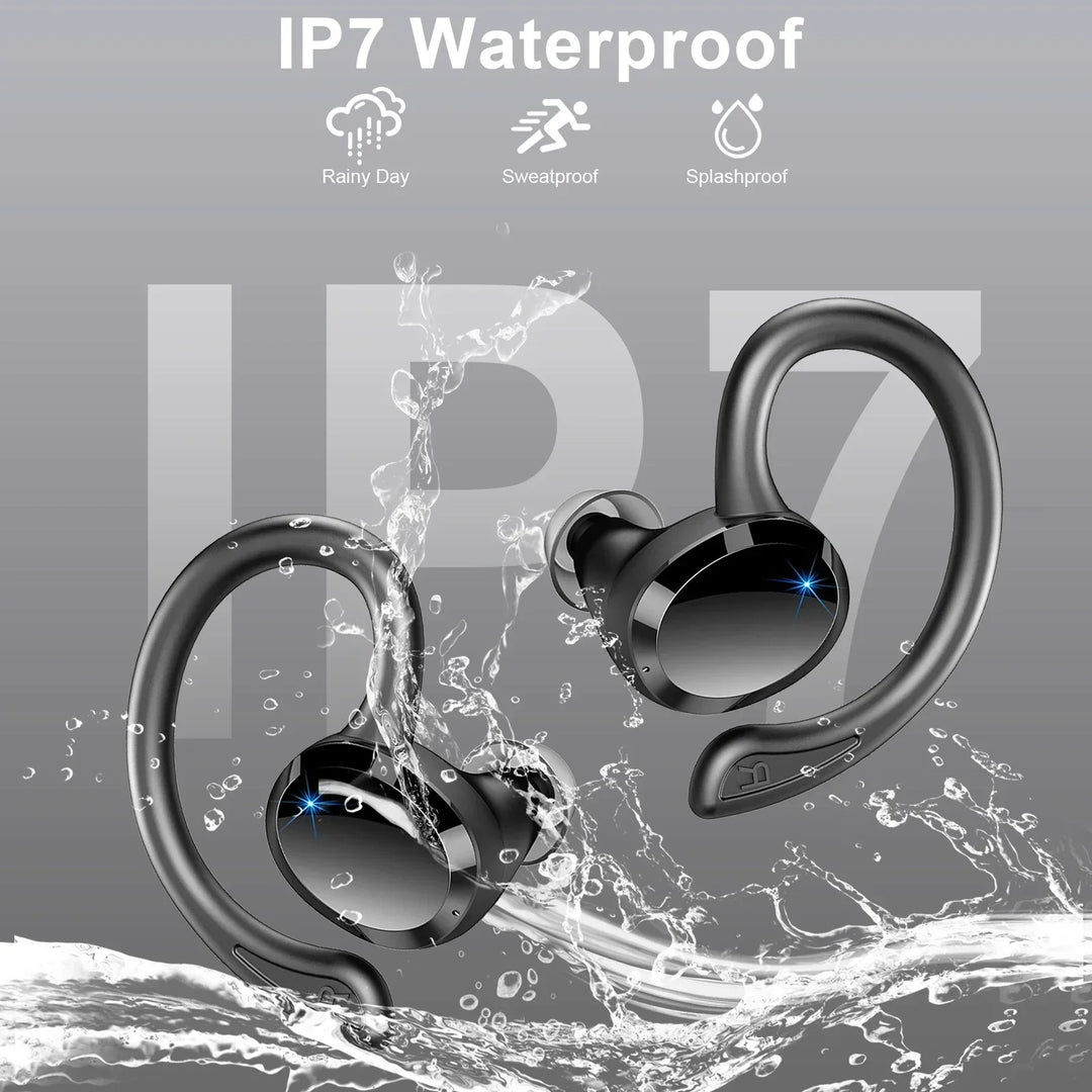 Charging case for AeroTune wireless earbuds, illustrating its compact size and long battery life feature.