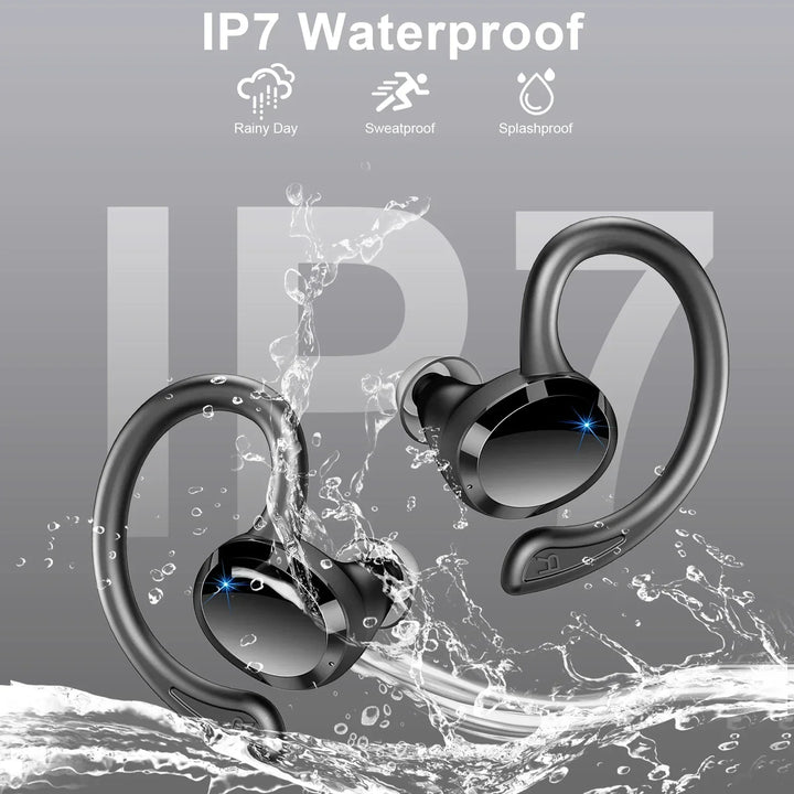 Charging case for AeroTune wireless earbuds, illustrating its compact size and long battery life feature.