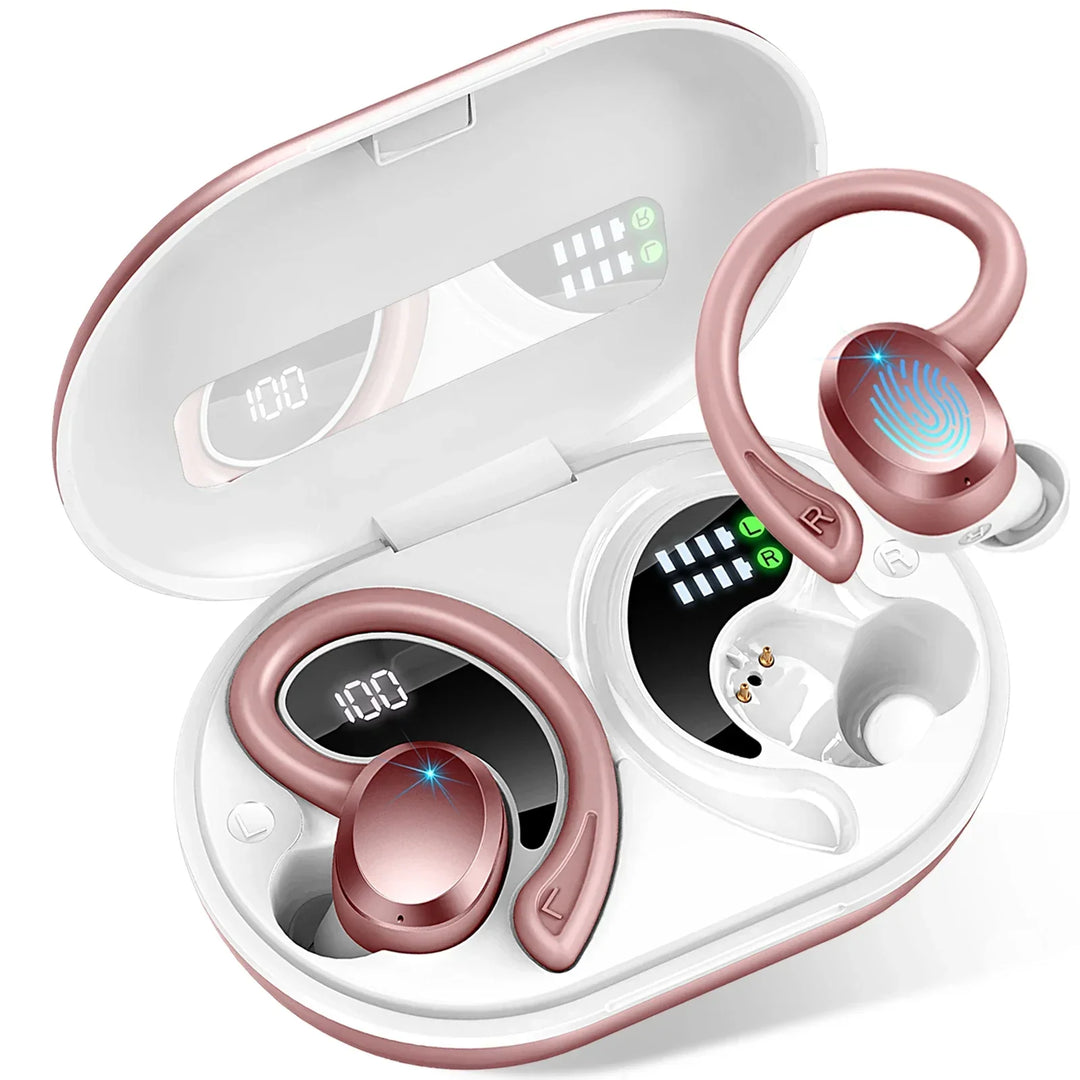 AeroTune earbuds and charging case displayed on a table, ready for portable sound on the go.