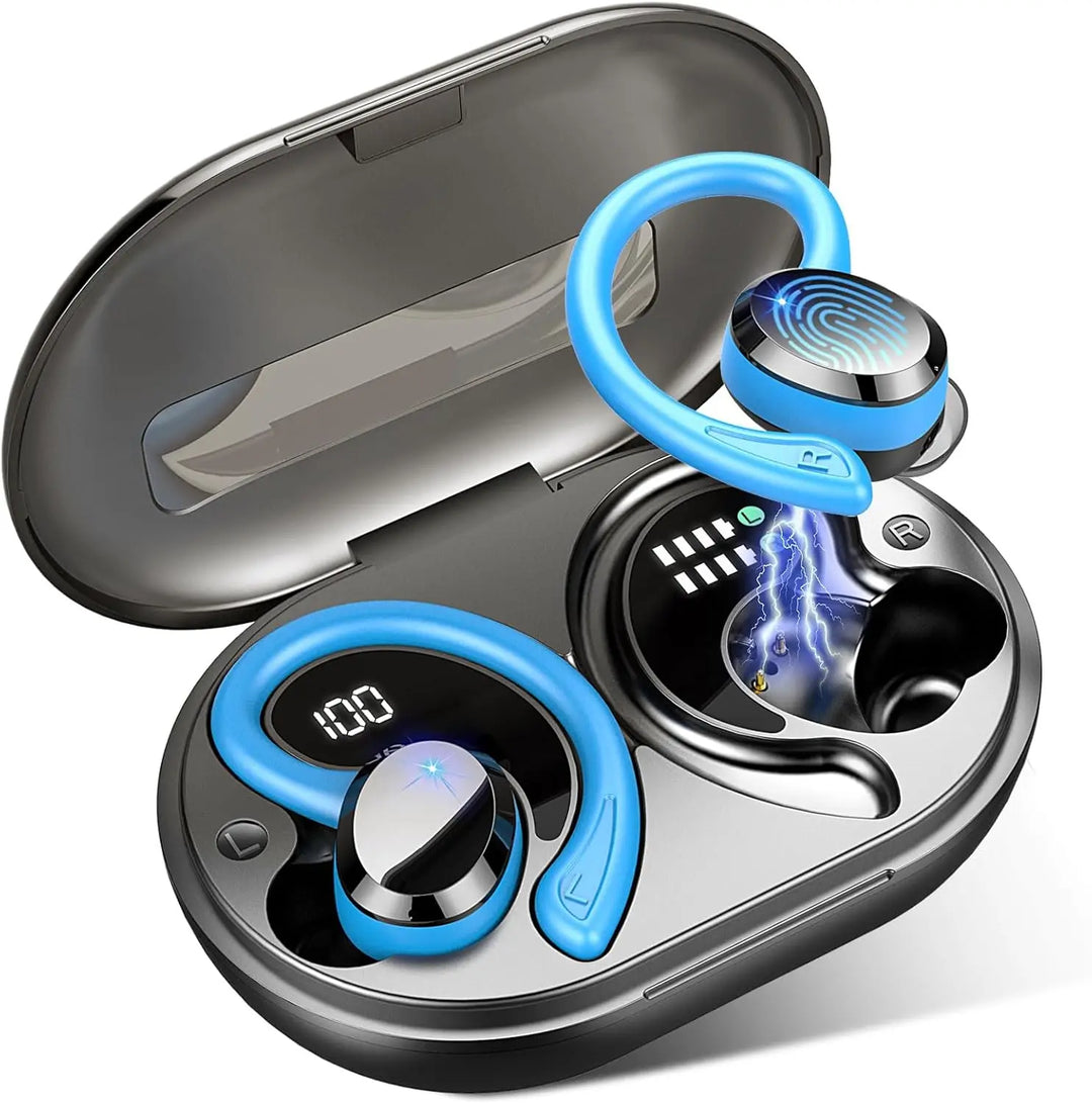 Person wearing AeroTune wireless earbuds during a workout, demonstrating their secure fit and active use.