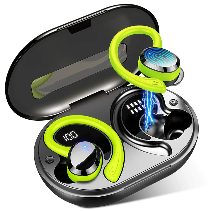 Angle shot of AeroTune wireless earbuds, highlighting their comfortable fit and premium audio experience.