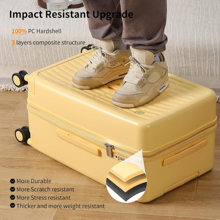 Unisex hardshell carry-on, 20-inch, demonstrating lightweight design despite triple-layer PC shell, travelbag