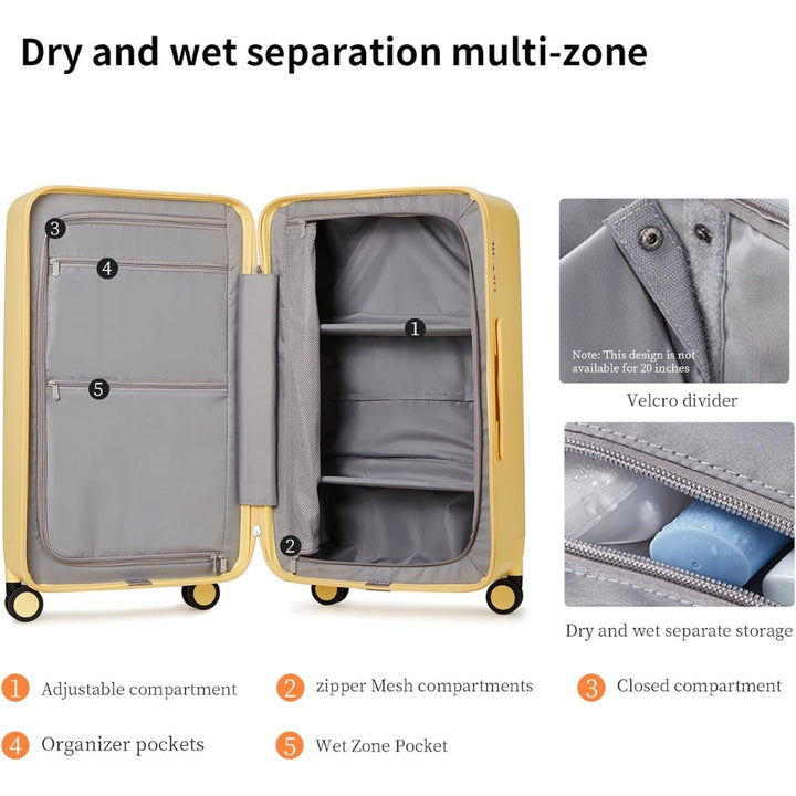 Two 20-inch hardshell carry-on luggage, 3:7 split, stacked showing compact storage, airline-approved travel