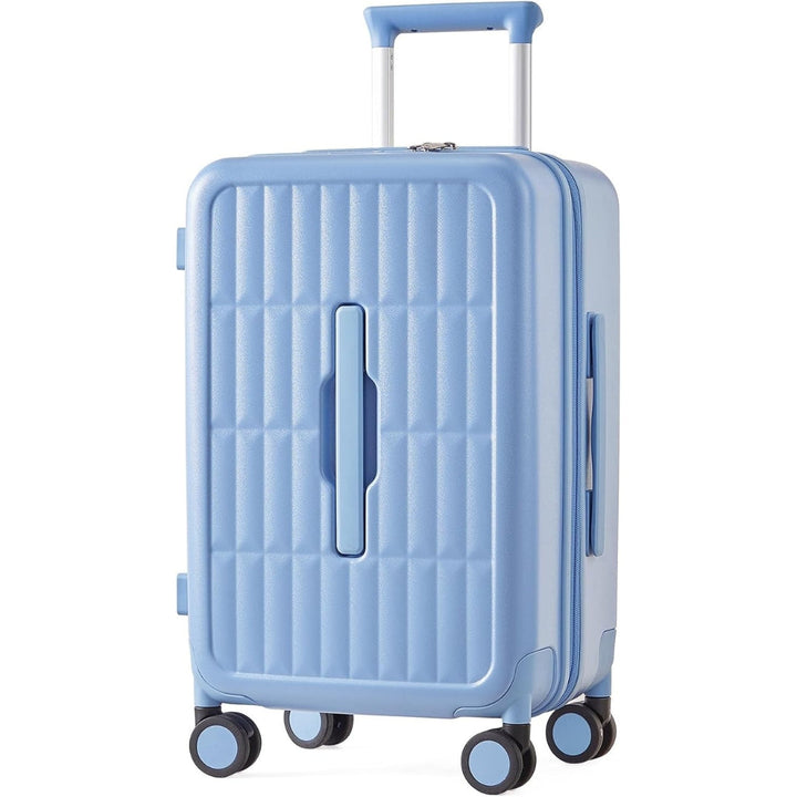 Detail of triple-layer PC shell on 20-inch hardshell carry-on luggage, robust and airline-approved travel bag